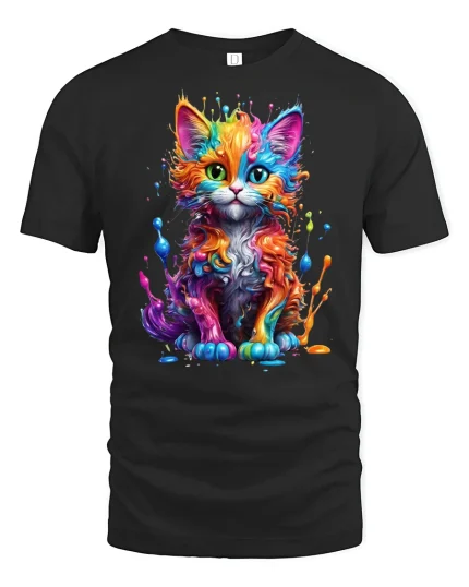Cute Artistic Kitten with Color Burst Tee - black t-shirt on white background