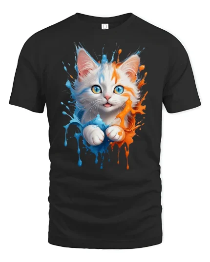 Blue and Orange Splash Kitten Art Tee - black t-shirt on white background