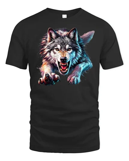 Fierce Wolf Attack Art Graphic T-Shirt - black t-shirt on white background