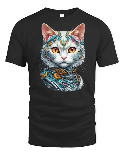 Cyberpunk Mecha Cat Futuristic T-shirt - black t-shirt on white background