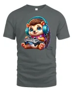 Cute Gaming Hedgehog Tee - gray t-shirt on white background