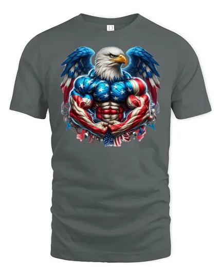 Patriotic Muscular Bald Eagle Tee - gray t-shirt on white background