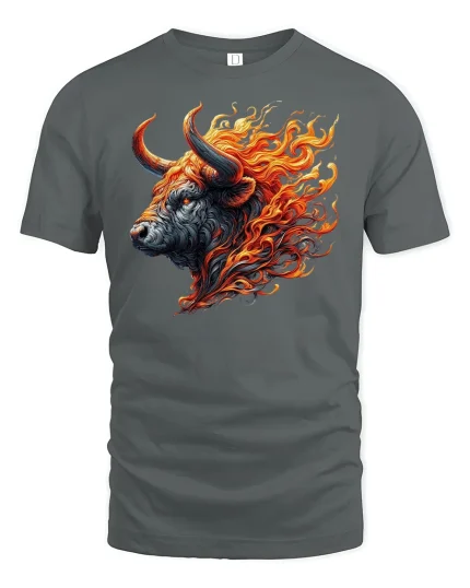 Fiery Bull Head Flame Art Tee - gray t-shirt on white background