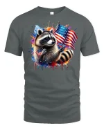 Patriotic Raccoon with USA Flag T-shirt - gray t-shirt on white background