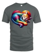 Rainbow Heart Cat Sleeping Art Tee - gray t-shirt on white background