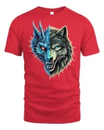 Dragon Wolf Hybrid Half Face Fantasy Tee - red t-shirt on white background