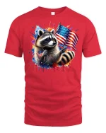 Patriotic Raccoon with USA Flag T-shirt - red t-shirt on white background