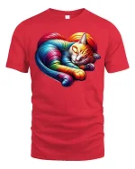 Rainbow Heart Cat Sleeping Art Tee - red t-shirt on white background