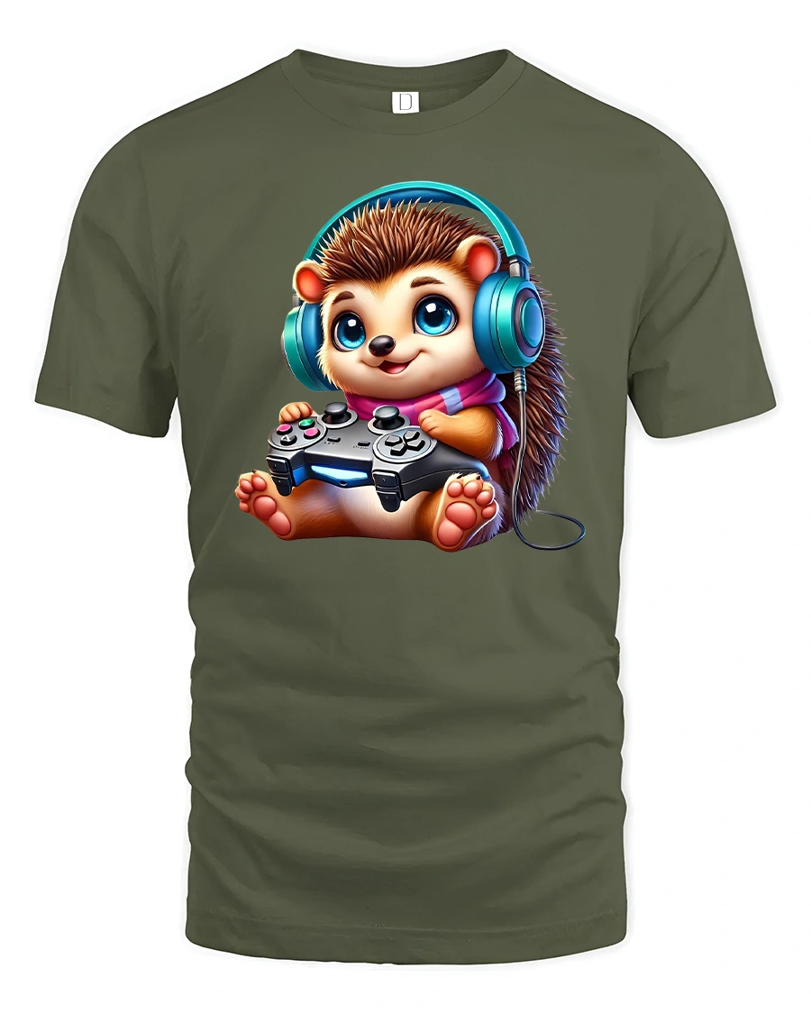 Cute Gaming Hedgehog Tee - 1 Cute Gaming Hedgehog Tee - military green t-shirt on white background