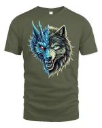 Dragon Wolf Hybrid Half Face Fantasy Tee - military green t-shirt on white background
