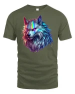Neon Glow Wolf Head Tee - military green t-shirt on white background