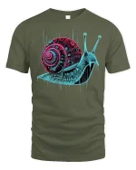 Neon Circuit Snail Art Tee - military green t-shirt on white background