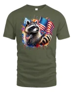 Patriotic Raccoon with USA Flag T-shirt - military green t-shirt on white background