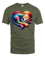 Rainbow Heart Cat Sleeping Art Tee - military green t-shirt on white background