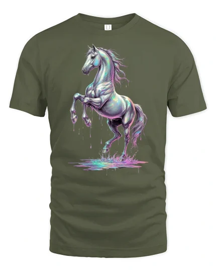 Majestic Iridescent Horse Splash Art T-shirt - military green t-shirt on white background