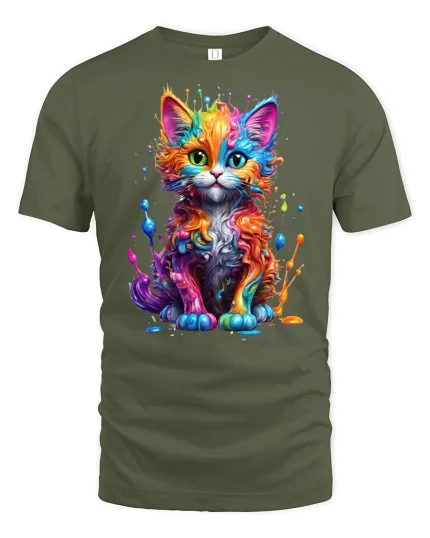 Cute Artistic Kitten with Color Burst Tee - military green t-shirt on white background