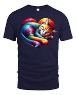 Rainbow Heart Cat Sleeping Art Tee - navy t-shirt on white background