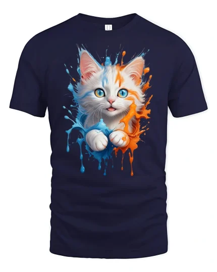 Blue and Orange Splash Kitten Art Tee - navy t-shirt on white background