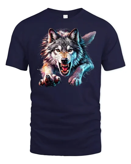 Fierce Wolf Attack Art Graphic T-Shirt - navy t-shirt on white background