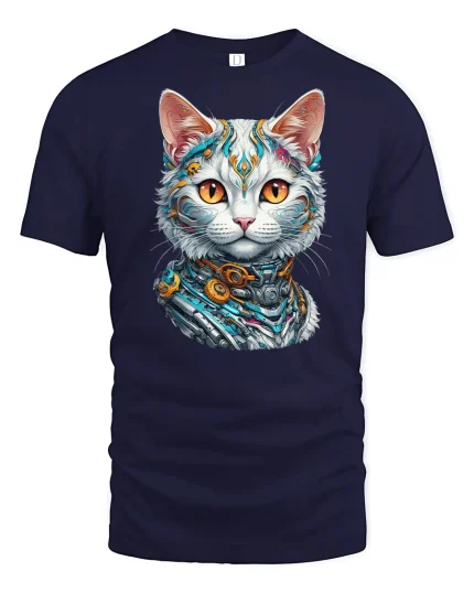 Cyberpunk Mecha Cat Futuristic T-shirt - navy t-shirt on white background