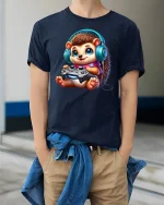 Cute Gaming Hedgehog Tee - model wearing Navy T-shirt, hands in pockets, denim shirt at waist