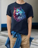 Neon Glow Wolf Head Tee - model wearing Navy T-shirt, hands in pockets, denim shirt at waist