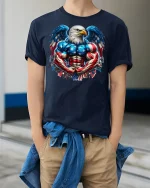 Patriotic Muscular Bald Eagle Tee - model wearing Navy T-shirt, hands in pockets, denim shirt at waist