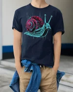 Neon Circuit Snail Art Tee - model wearing Navy T-shirt, hands in pockets, denim shirt at waist
