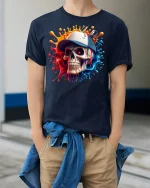 Street Style Skull Cap Tee - model wearing Navy T-shirt, hands in pockets, denim shirt at waist