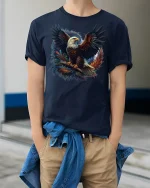Majestic Bald Eagle Tee - model wearing Navy T-shirt, hands in pockets, denim shirt at waist