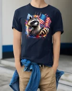 Patriotic Raccoon with USA Flag T-shirt - model wearing Navy T-shirt, hands in pockets, denim shirt at waist