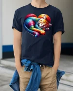 Rainbow Heart Cat Sleeping Art Tee - model wearing Navy T-shirt, hands in pockets, denim shirt at waist