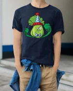 Grumpy Lettuce in Clown Hat Tee - model wearing Navy T-shirt, hands in pockets, denim shirt at waist