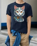 Cyberpunk Mecha Cat Futuristic T-shirt - model wearing Navy T-shirt, hands in pockets, denim shirt at waist