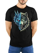 Dragon Wolf Hybrid Half Face Fantasy Tee - model with hands behind back, wearing Black T-shirt and blue jeans