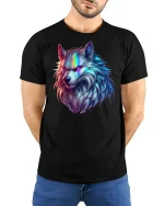 Neon Glow Wolf Head Tee - model with hands behind back, wearing Black T-shirt and blue jeans