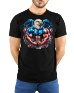 Patriotic Muscular Bald Eagle Tee - model with hands behind back, wearing Black T-shirt and blue jeans