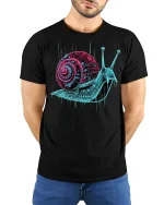 Neon Circuit Snail Art Tee - model with hands behind back, wearing Black T-shirt and blue jeans