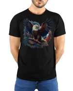 Majestic Bald Eagle Tee - model with hands behind back, wearing Black T-shirt and blue jeans