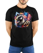 Patriotic Raccoon with USA Flag T-shirt - model with hands behind back, wearing Black T-shirt and blue jeans