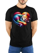 Rainbow Heart Cat Sleeping Art Tee - model with hands behind back, wearing Black T-shirt and blue jeans