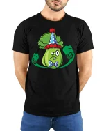 Grumpy Lettuce in Clown Hat Tee - model with hands behind back, wearing Black T-shirt and blue jeans