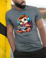 Cute Gaming Hedgehog Tee - model leaning on yellow-black pole, wearing Gray T-shirt, hand in pocket