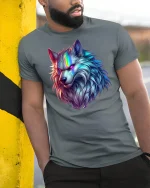 Neon Glow Wolf Head Tee - model leaning on yellow-black pole, wearing Gray T-shirt, hand in pocket