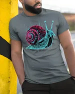Neon Circuit Snail Art Tee - model leaning on yellow-black pole, wearing Gray T-shirt, hand in pocket