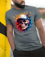 Street Style Skull Cap Tee - model leaning on yellow-black pole, wearing Gray T-shirt, hand in pocket