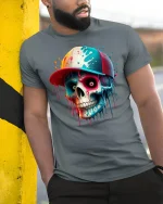 Artistic Skull with Baseball Cap Shirt - model leaning on yellow-black pole, wearing Gray T-shirt, hand in pocket