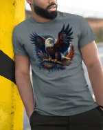 Majestic Bald Eagle Tee - model leaning on yellow-black pole, wearing Gray T-shirt, hand in pocket