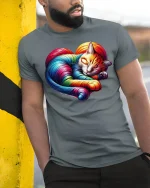 Rainbow Heart Cat Sleeping Art Tee - model leaning on yellow-black pole, wearing Gray T-shirt, hand in pocket