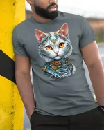 Cyberpunk Mecha Cat Futuristic T-shirt - model leaning on yellow-black pole, wearing Gray T-shirt, hand in pocket
